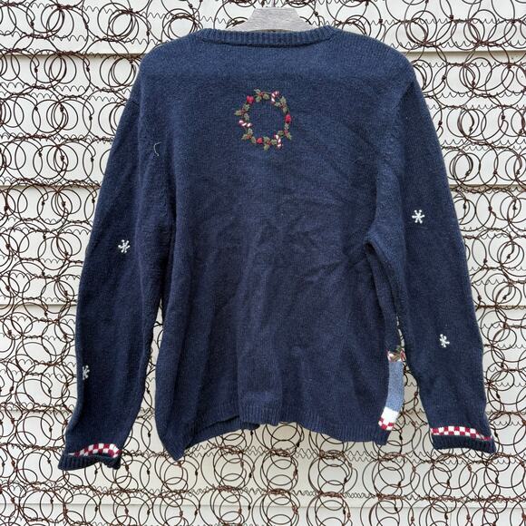VTG 90s Croft & Barrow Blue Christmas Snowmen Farm Rustic Cabincore Cardigan LG - Picture 3 of 8